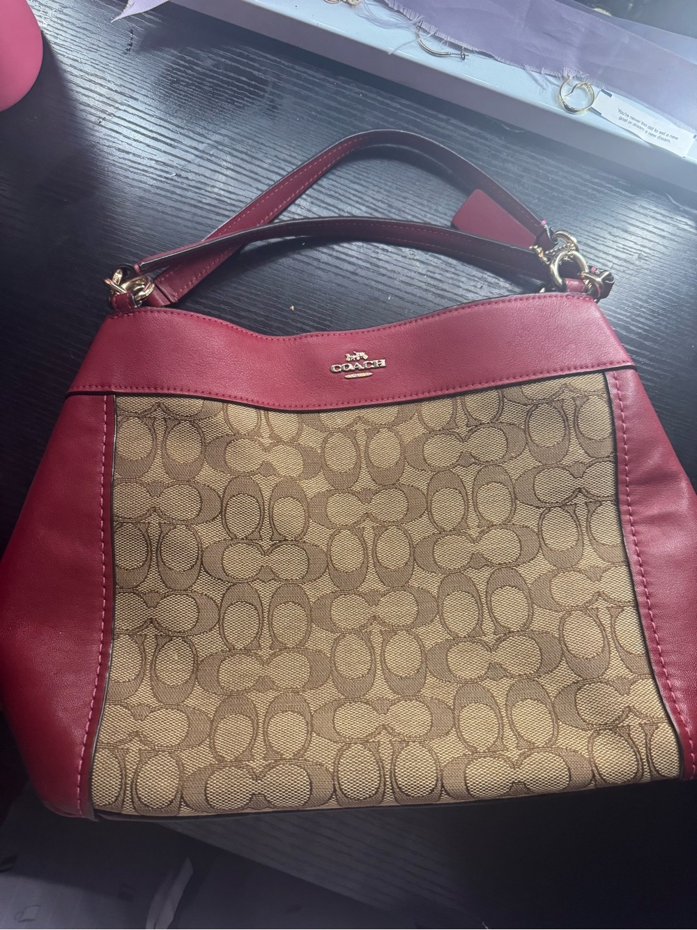 Coach Brown Signature Canvas Shoulder Bag with Red Trim